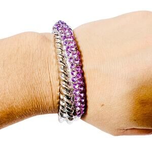 Vintage Purple Round Stones Silver Plated Cross Bracelet Stretch Fantasy